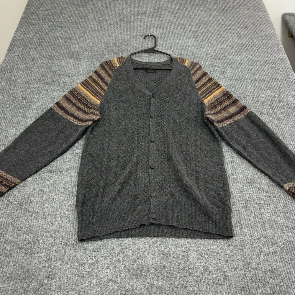 AllSaints Cardigan Mens XL Gray Viscose Blend Fair Isle Cable Knit Boho Style